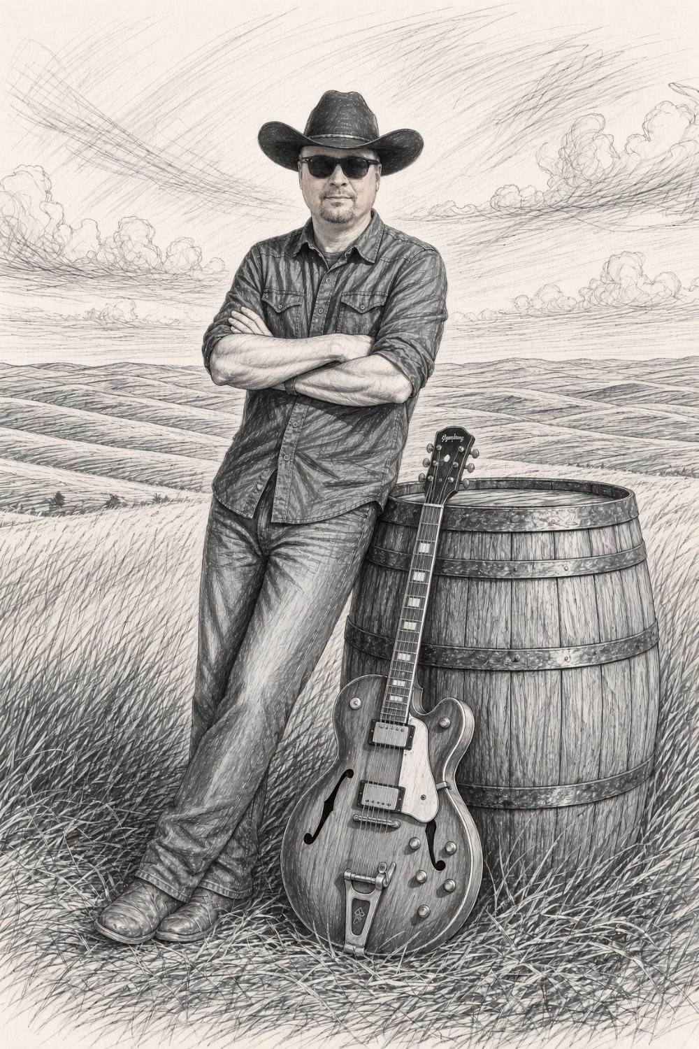 Pencil portrait of The Prairie Chad on the prairie, leaning on a barrel beside a hollow-body guitar